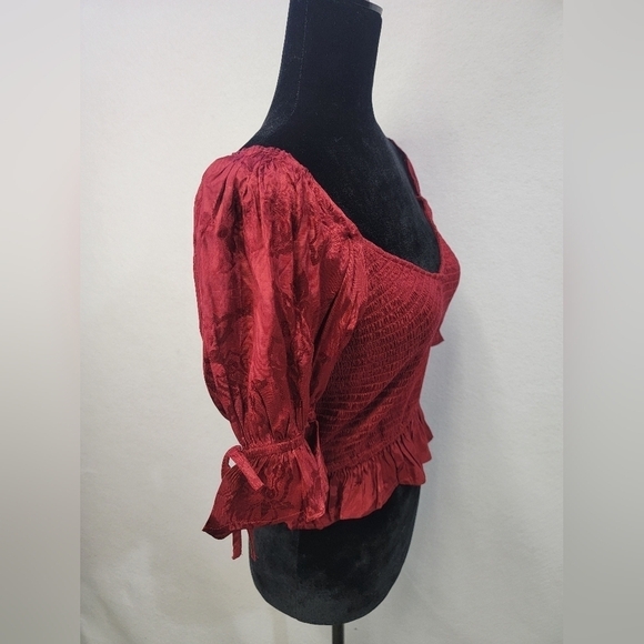 Band of The Free LEA Rhubarb Smocked Crop Top Bohemian Puffed Sleeves Medium - Picture 9 of 14